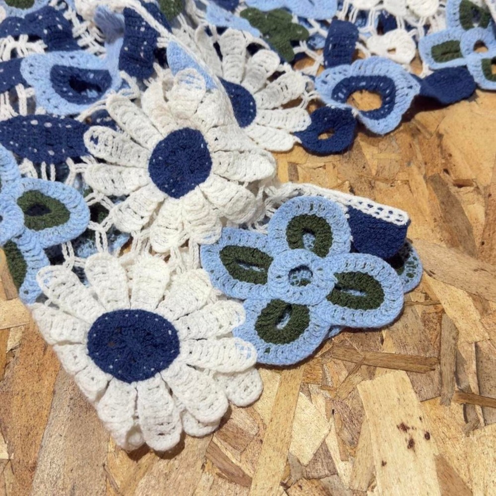 Retro Flare Sleeve Sheer Crochet Top Patchwork 3D Daisies Blue White Medium - Picture 7 of 8